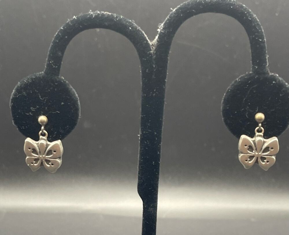 Small Butterfly Stud Post Earrings Stamped Sweden Pewter Brass .73" Vintage Drop